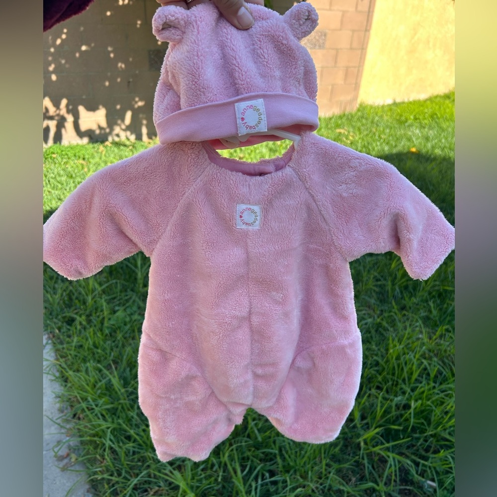 Vtg Anne Geddes Pink teddy bear Onesie with Hat